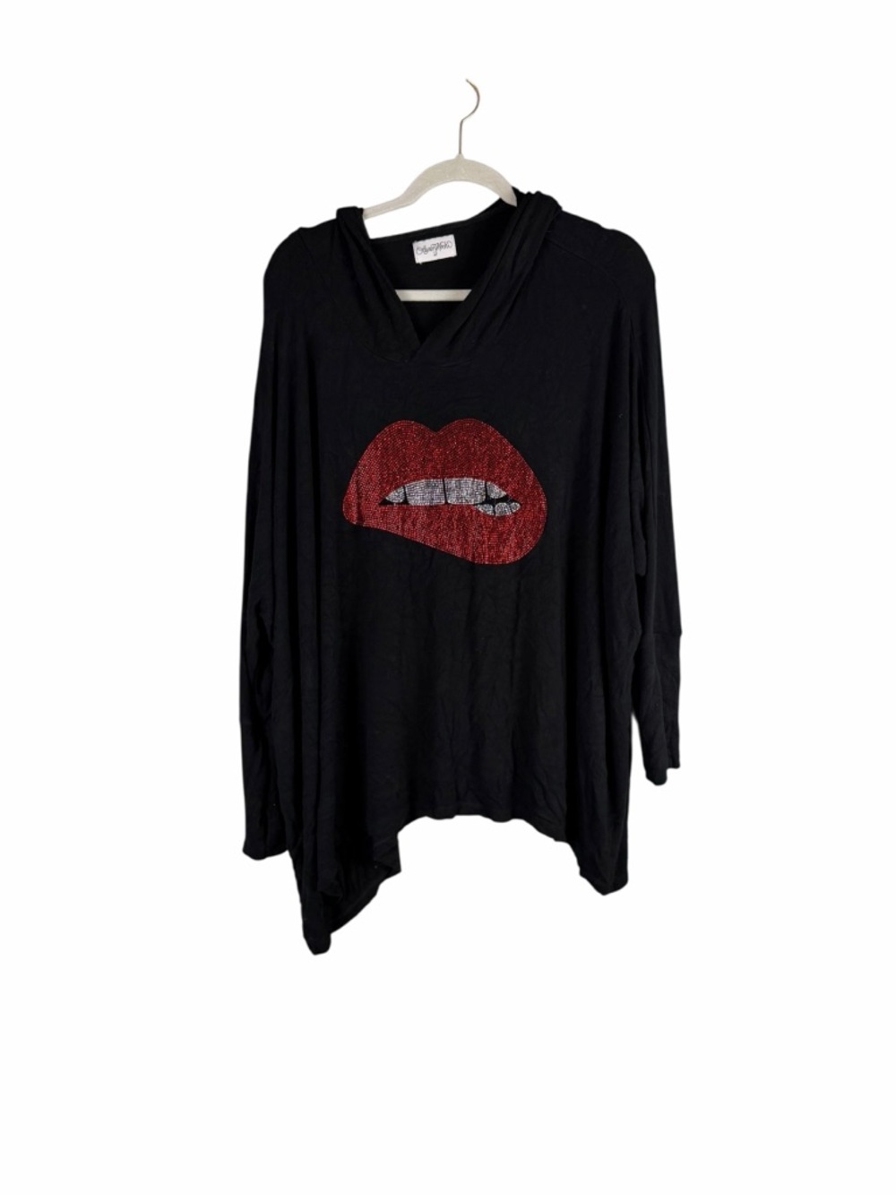 Lauren Moshi Black Rhinestone Lips Oversized Hooded Tunic Top XL Trisha Paytas